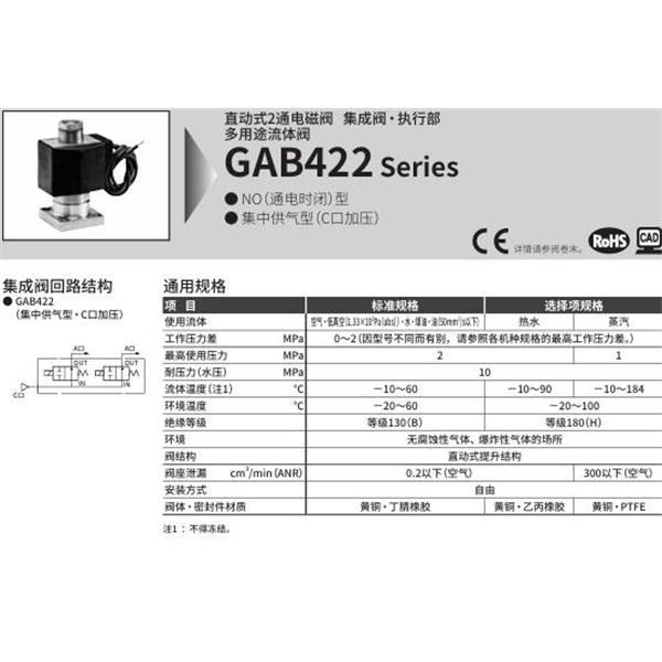 CKD喜開理多種流體直動式2通電磁集成閥GAB422N-2-0-AC100V