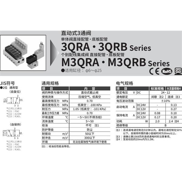 CKD喜開理直動式3通電磁閥M3QRA110-M5-C3-9-4