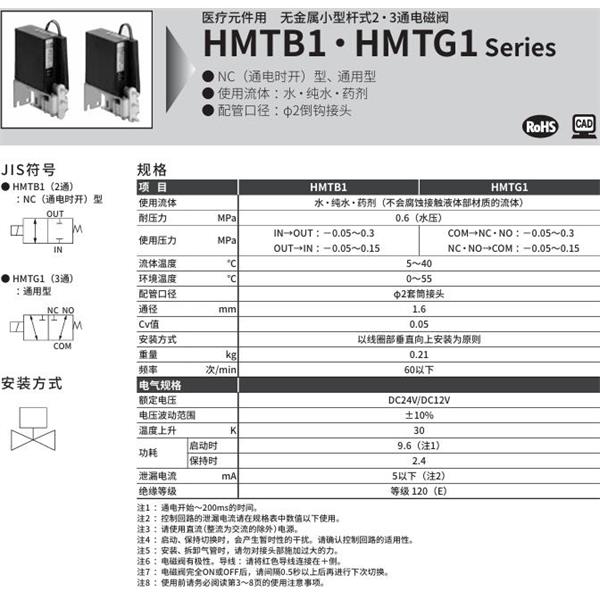 CKD喜開理醫(yī)療儀器用無金屬小型桿式2?3通電磁閥HMTB1-2TN-PN-DC12V