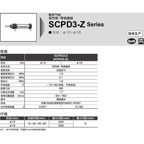 CKD喜開理筆形氣缸SCPD3-ZL-LB-16-250-T5H-T-Y
