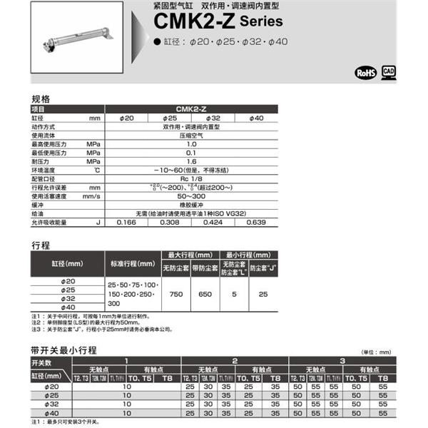 CKD喜開理緊固型氣缸CMK2-Z-LS-20-100-JI