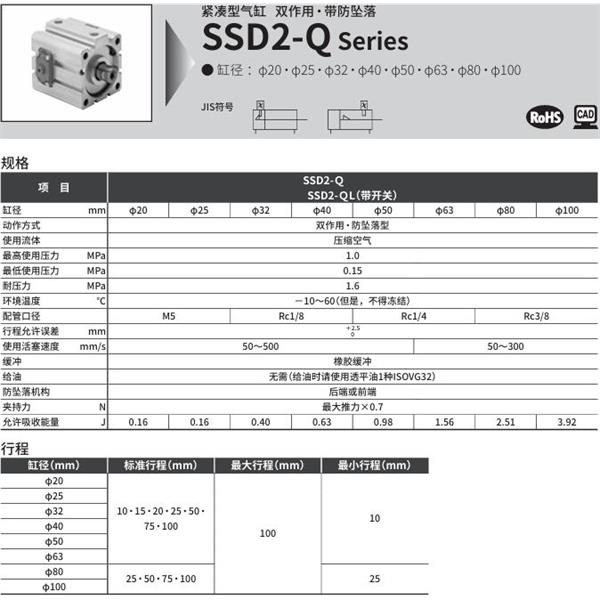 CKD喜開(kāi)理緊湊型氣缸SSD2-Q-20-10-R-NM0-LB-I