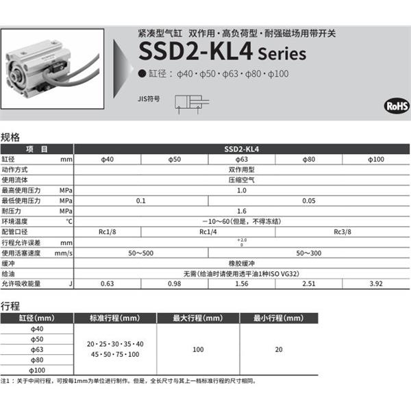 CKD喜開理緊湊型氣缸SSD2-KL4-40-40-V0-D-N-LB-I