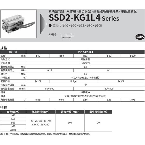 CKD喜開理緊湊型氣缸SSD2-KG1L4-50-40-V0-D-N-LB-I