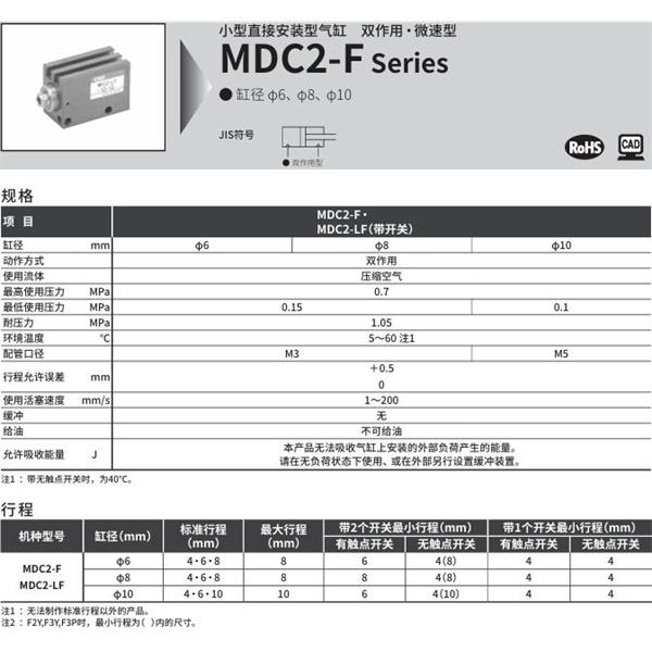 CKD喜開理小型直接安裝型氣缸MDC2-LF-6-3-F2V-R