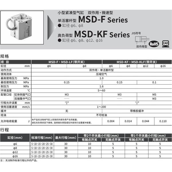 CKD喜開理小型緊湊型氣缸MSD-LF-16-30-F2V-R