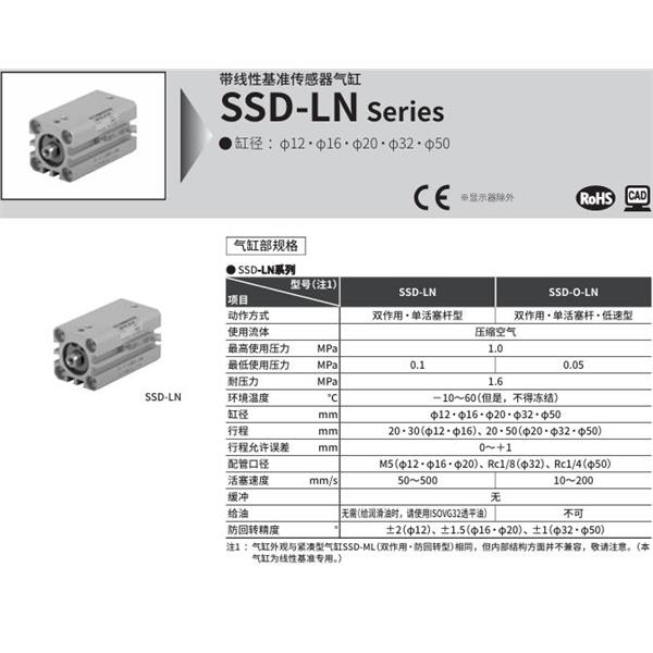 CKD喜開理扁平緊湊型氣缸SSD-LN-5050-10VC125LDSDN