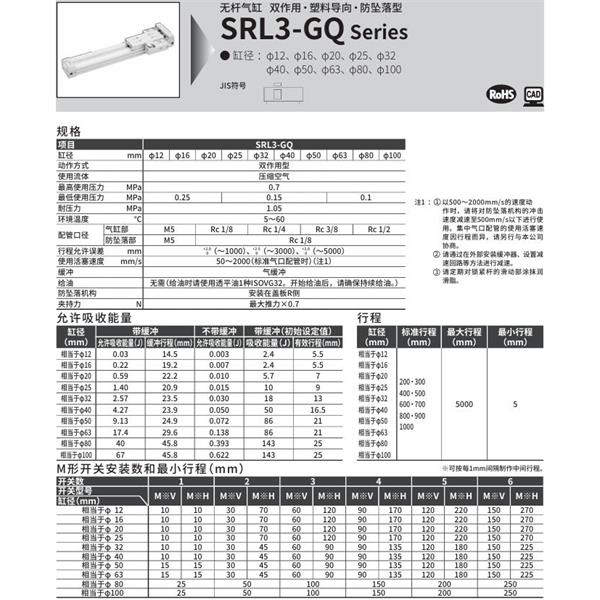 CKD喜開理超級無桿氣缸SRL3-GQ-LB1-100B-200-M0H-R-B